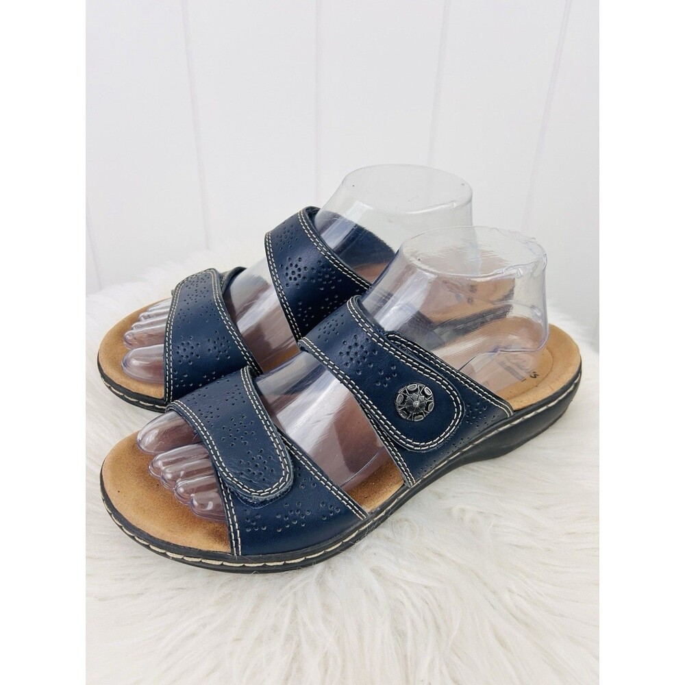 Clarks Leisa Navy Blue Double Strap Comfort Adjustable Cushioned Sandals Sz 7.5W